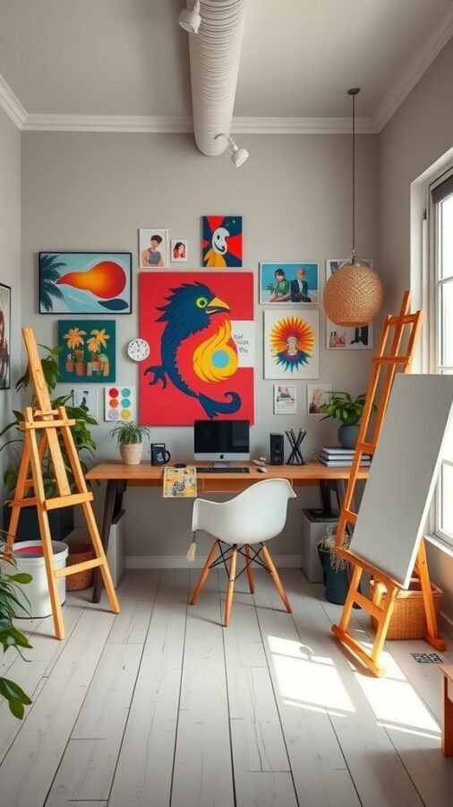 A colorful artistic studio office with a vibrant red wall, artwork, plants, and an organized desk space.