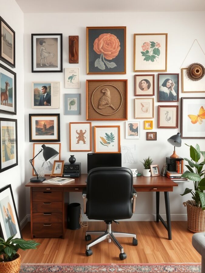 A home office with a gallery wall featuring various framed artworks, including botanical prints and portraits, alongside a wooden desk and chair.