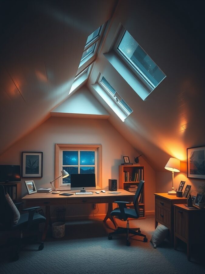 Cozy attic office with skylights and a view of the night sky