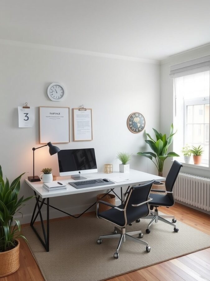A bright home office with a desk, computer, plants, and wall decor.