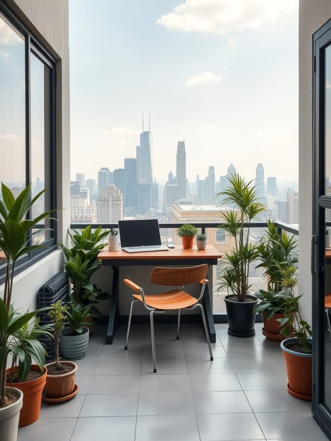 A balcony workspace with a desk, chair, and plants overlooking a city skyline.