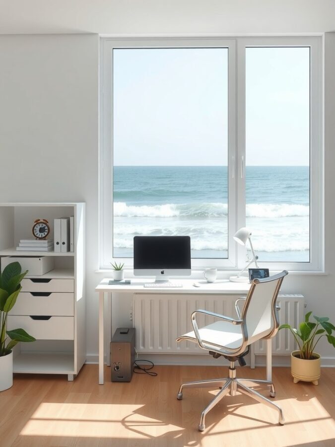 A modern beachfront office with a desk, chair, and a large window showing the ocean view.