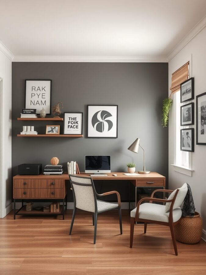 A stylish home office featuring a bold gray accent wall with framed art, a wooden desk, and modern chairs.