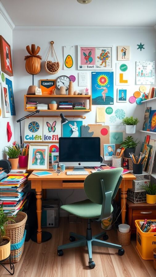 A colorful home office with vibrant artwork, a wooden desk, and a green chair, showcasing creativity and personality.