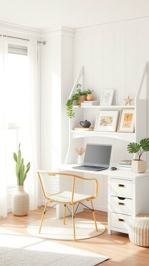 A bright and airy coastal office with a white desk, laptop, and decorative items, featuring large windows and plants.