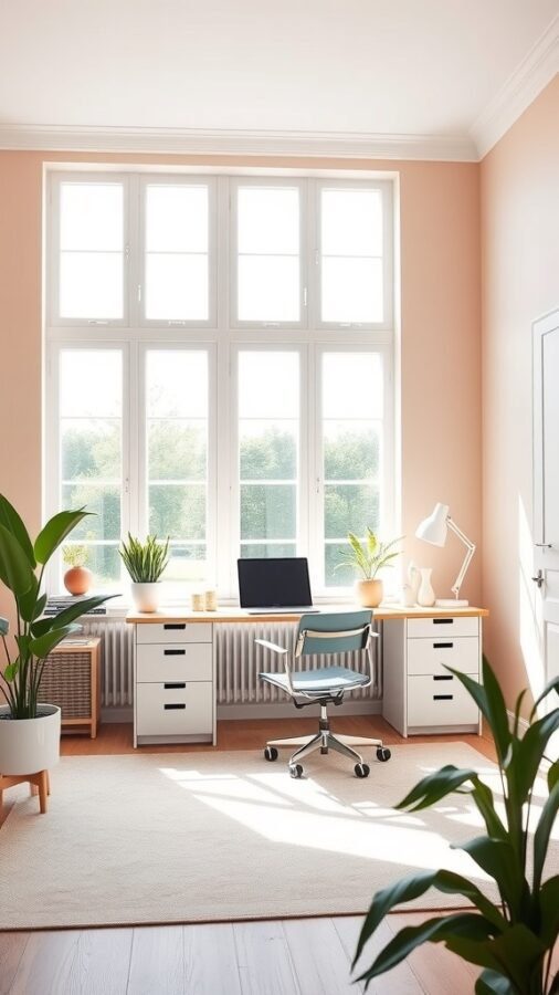 21 Creative Home Office Ideas to Boost Your Productivity 3 A bright and airy home office with peach walls, large windows, a desk with a laptop, and green plants.