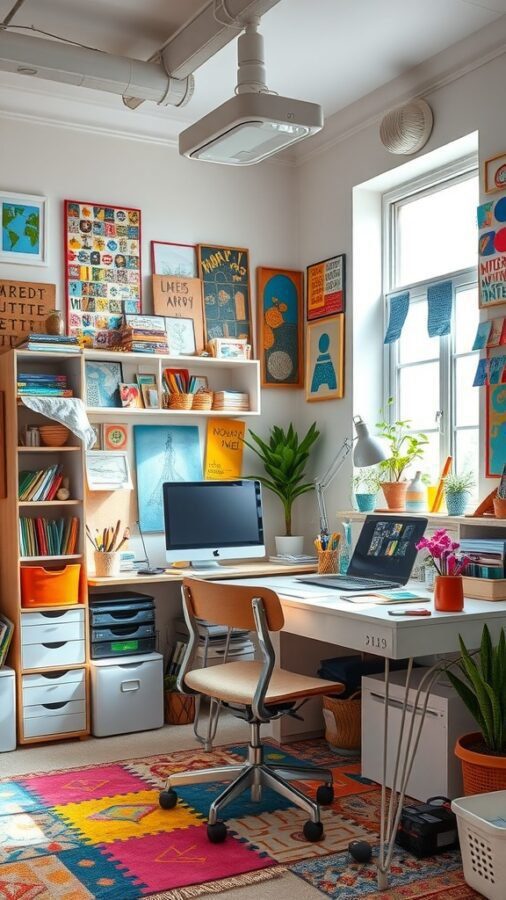 A bright and colorful home office with artwork on the walls, a desk with computers, and plants.