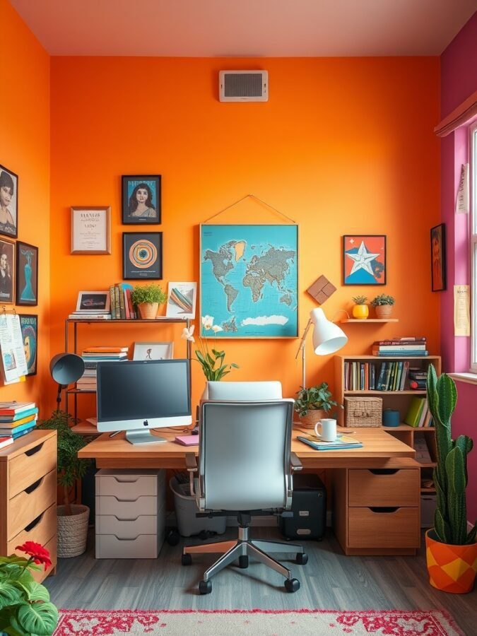 A bright and colorful home office with orange walls, a wooden desk, and various decorative items.