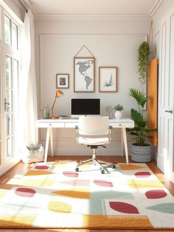 A bright area rug with a colorful geometric pattern in a modern home office setting.