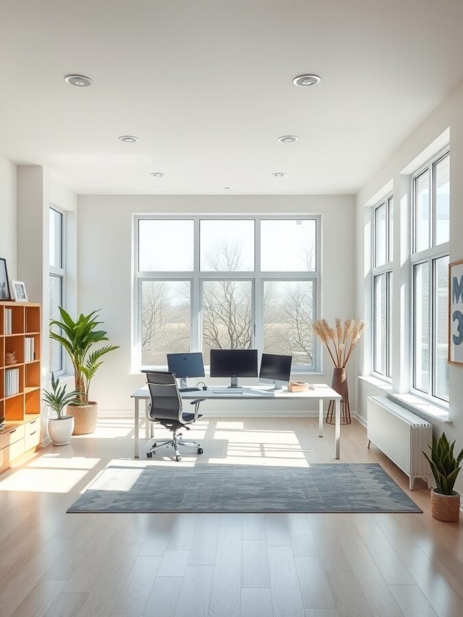 A bright open concept office with large windows, a desk with dual monitors, and potted plants.