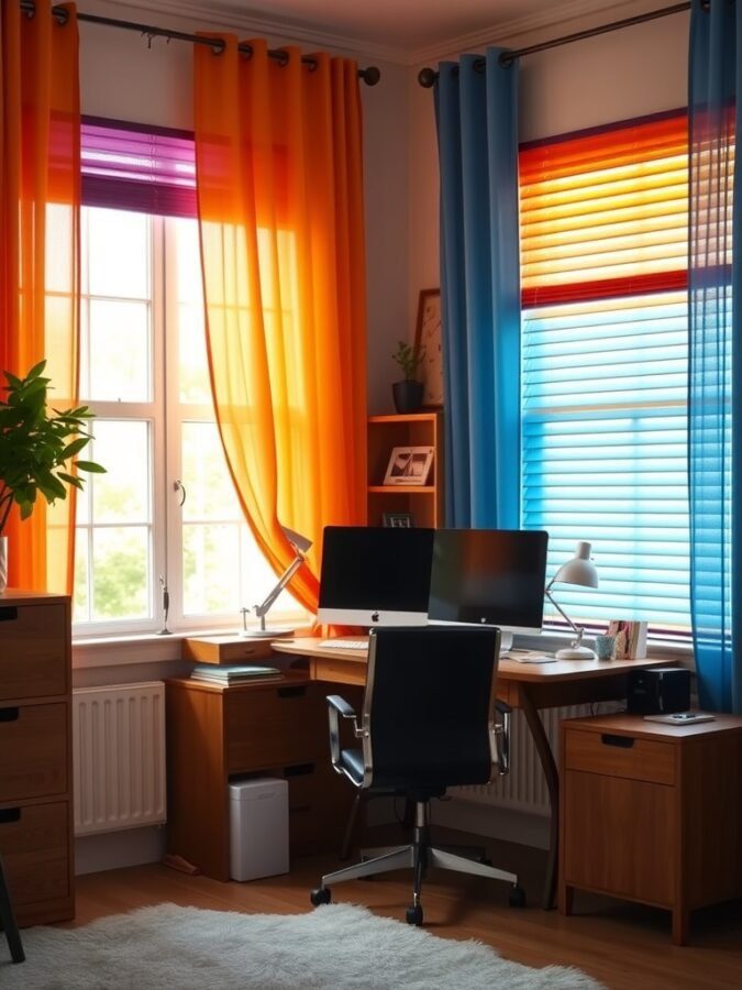 A bright home office featuring orange and blue sheer curtains, a wooden desk, and a comfortable office chair.