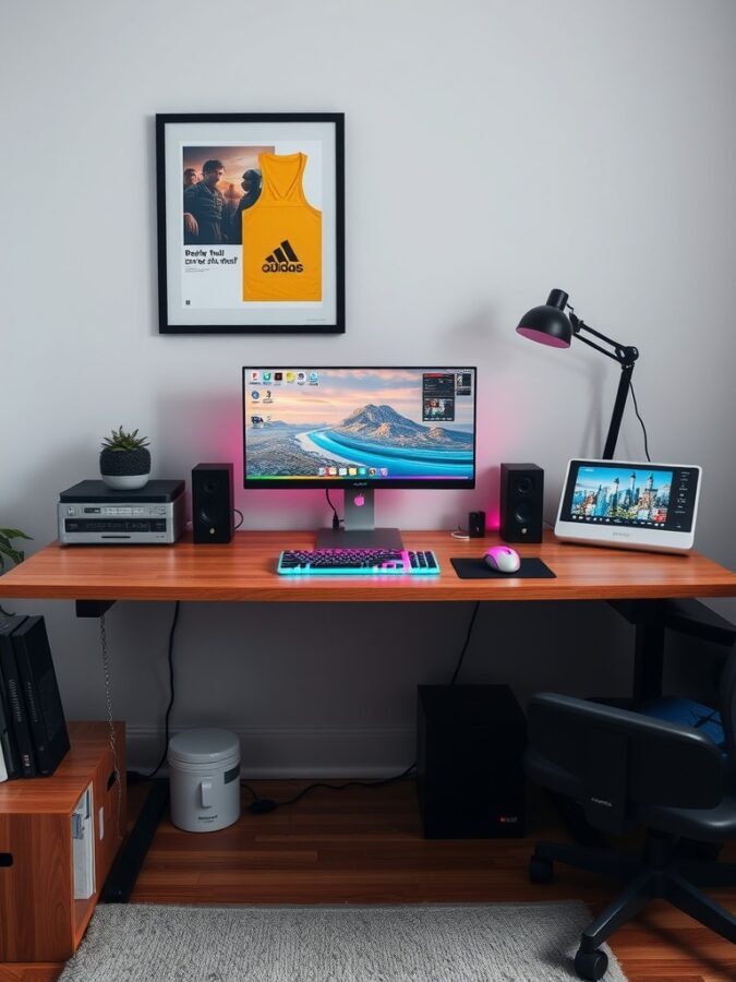 A home office setup featuring a colorful keyboard, monitor, and personal decor.