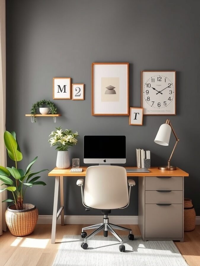 A modern home office featuring a dark gray wall, wooden desk, and decorative elements.