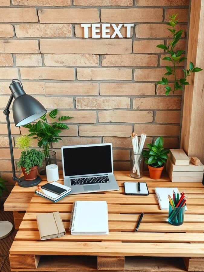 A custom desk made from pallets with a laptop, notebooks, and plants in a cozy home office setting.