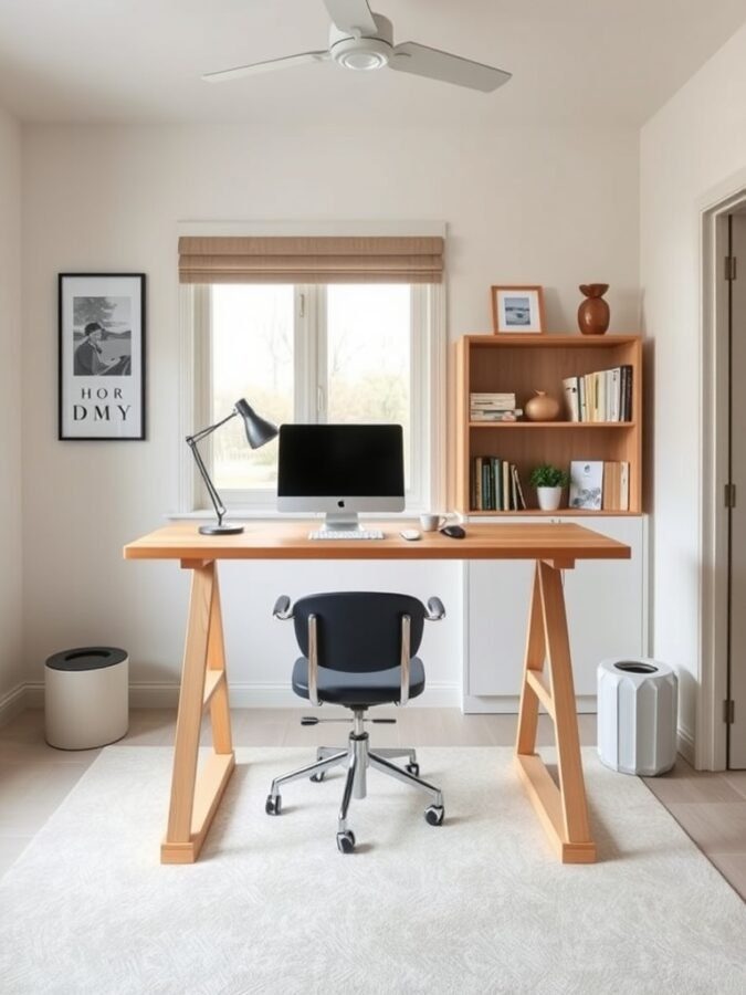 A modern DIY standing desk in a home office setting, featuring a wooden surface, a computer, and a stylish chair.