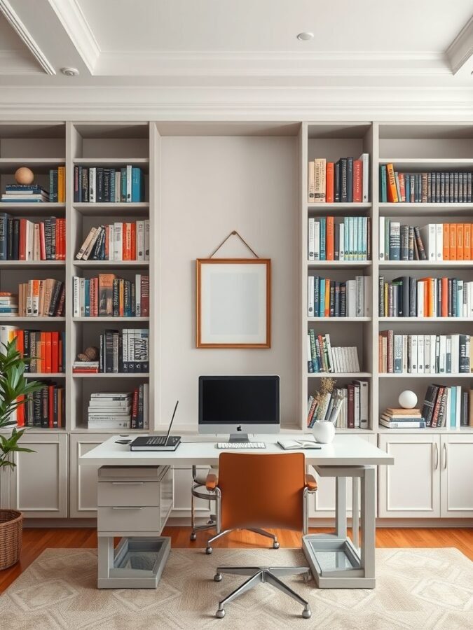 25 Smart Storage Solutions for a Stylish Home Office 13 A modern home office featuring built-in bookcases filled with books and a sleek desk.