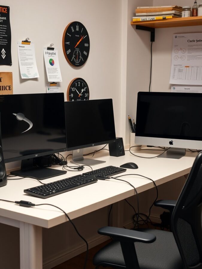 25 Smart Storage Solutions for a Stylish Home Office 20 A home office desk with two monitors, a keyboard, and visible cables, showcasing the importance of cable management.
