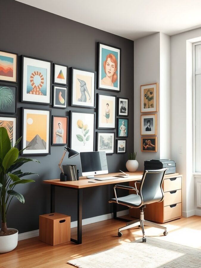 A home office featuring a gallery wall of colorful framed art, a wooden desk, and a plant in the corner.