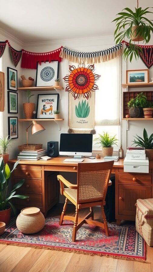 A cozy bohemian office space featuring a wooden desk, plants, colorful wall art, and a patterned rug.