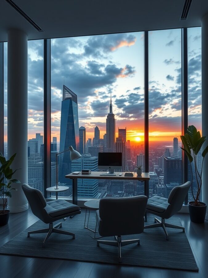 Chic home office with a view of a city skyline at sunset, featuring a desk, computer, and comfortable seating.