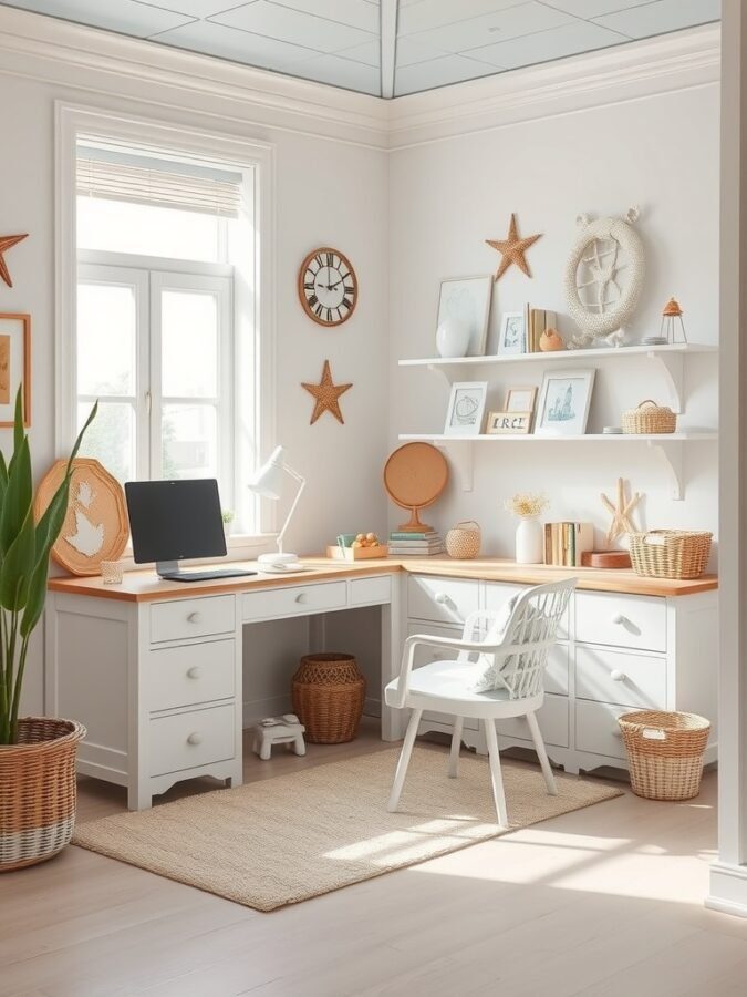 A bright coastal-inspired home office with white furniture, light wood accents, and nautical decor.