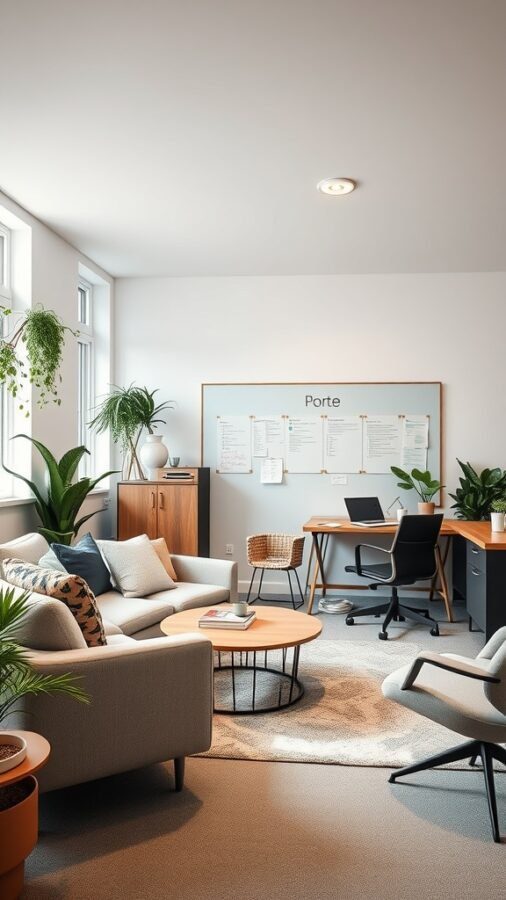 19 Inspiring Home Office Ideas You Need to Try 19 A modern home office with a cozy seating area, a desk, and plants, designed for collaboration.