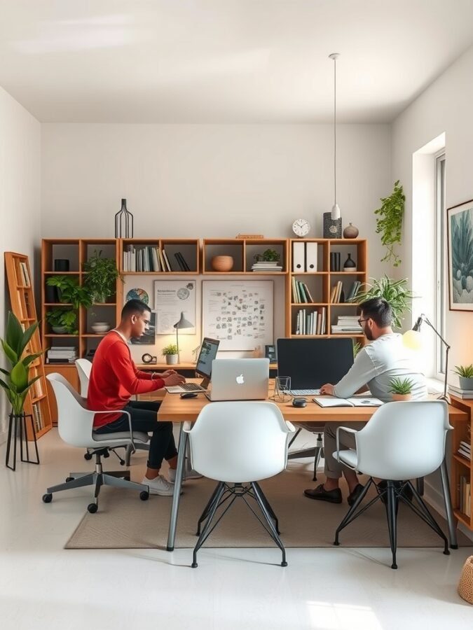 Two individuals working together in a bright home office with a shared desk and organized shelves.