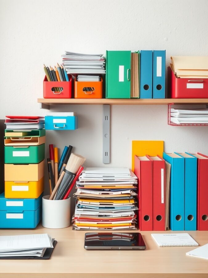 A colorful and organized home office with various storage boxes and files.