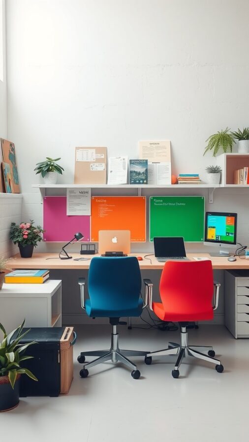 23 Creative Home Office Ideas for Shared Workspaces 8 A shared home office with color-coded zones, featuring two colorful chairs, vibrant wall colors, and plants.
