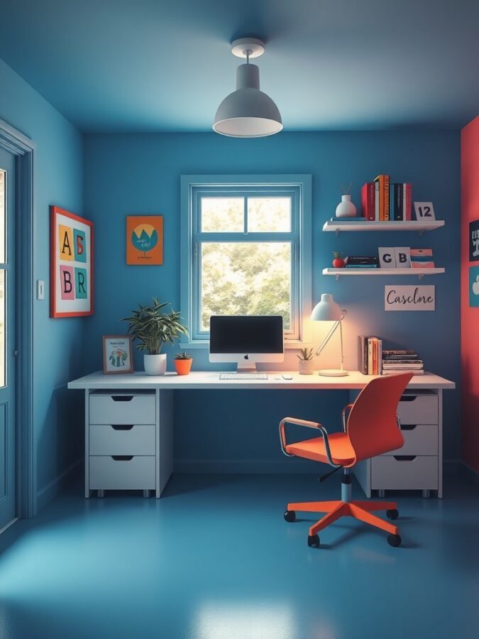 A bright home office featuring blue walls, an orange chair, and a desk with a computer and books.