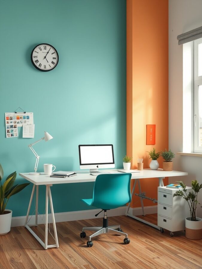 A bright home office featuring teal and orange walls, a white desk, and plants.