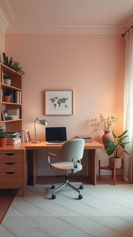 A cozy home office with peach walls, a wooden desk, and plants, promoting relaxation.