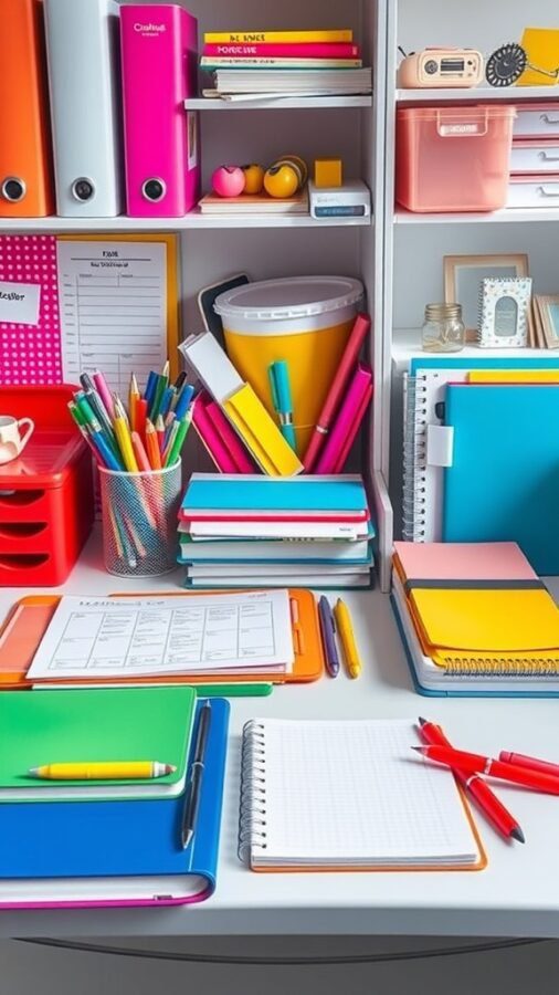 21 Creative Home Office Ideas to Boost Your Productivity 15 A colorful and organized home office setup with various office supplies including notebooks, pens, and storage boxes.