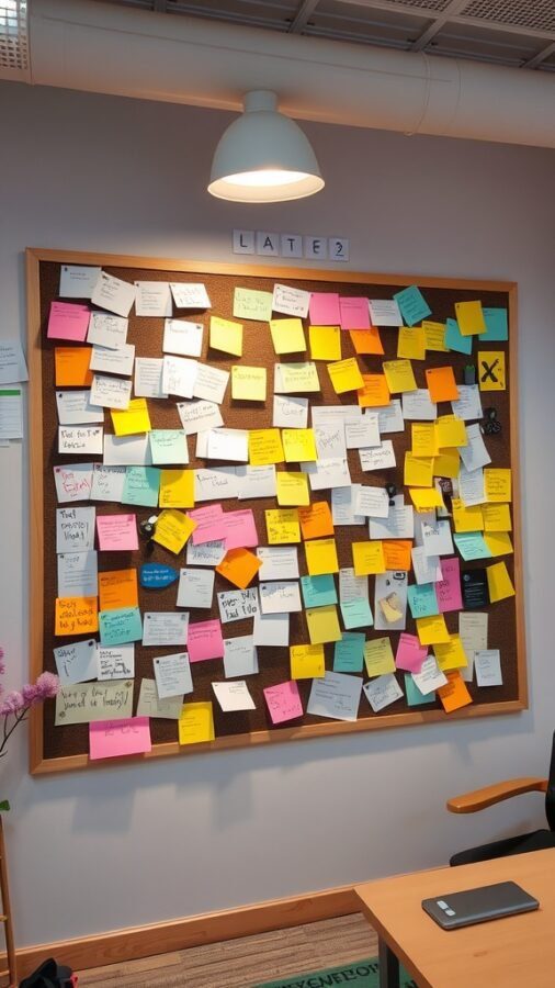 23 Creative Home Office Ideas for Shared Workspaces 16 A colorful bulletin board filled with sticky notes in various colors, showcasing ideas and reminders.