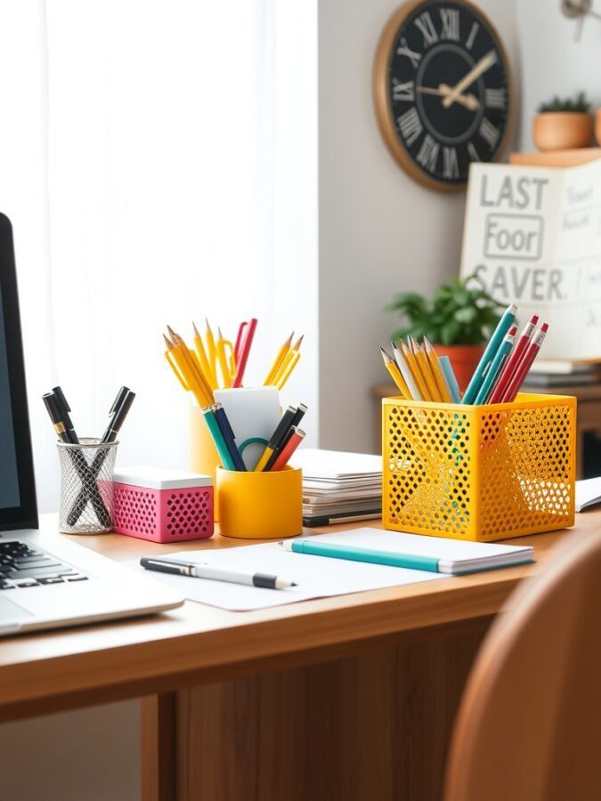 A colorful home office desk with various desk organizers in yellow, pink, and black, filled with pens and pencils.