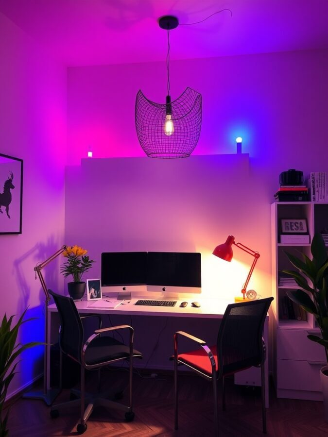 A modern home office with colorful lighting fixtures, including a unique pendant light and a red desk lamp.