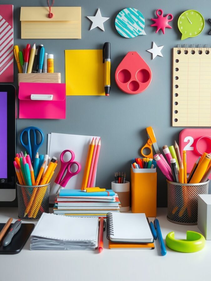 A colorful array of office accessories including pens, sticky notes, and notebooks on a desk.