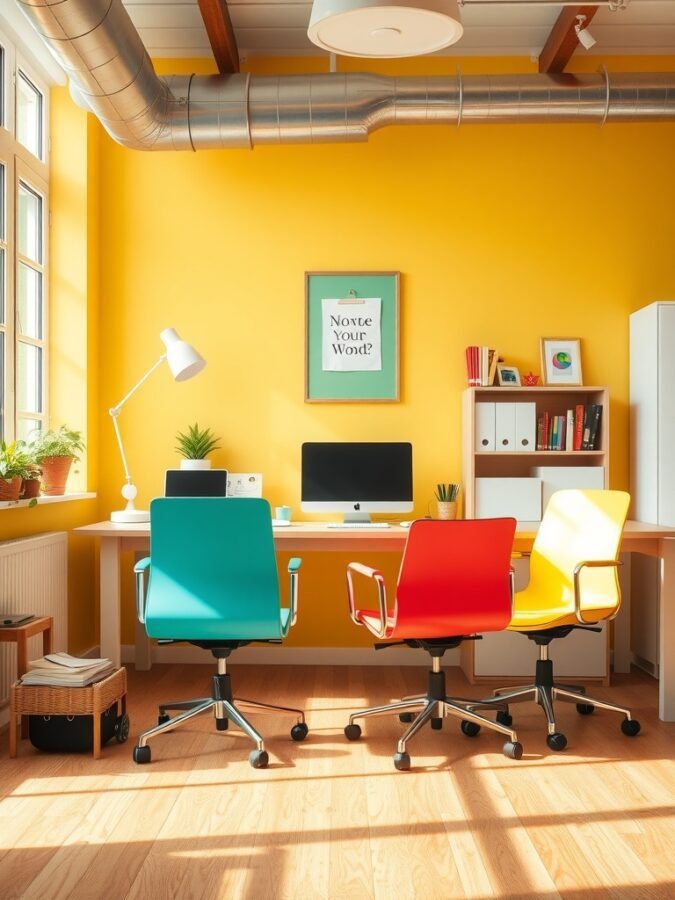 A colorful home office with teal and red chairs, a yellow wall, and a white desk.