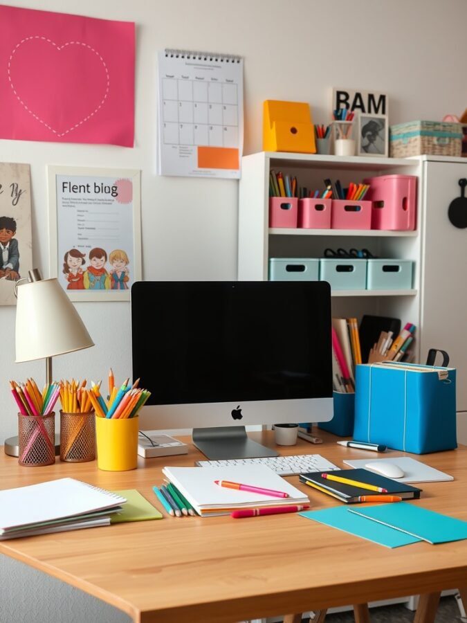 A colorful home office setup with an iMac, vibrant stationery, and organized supplies.