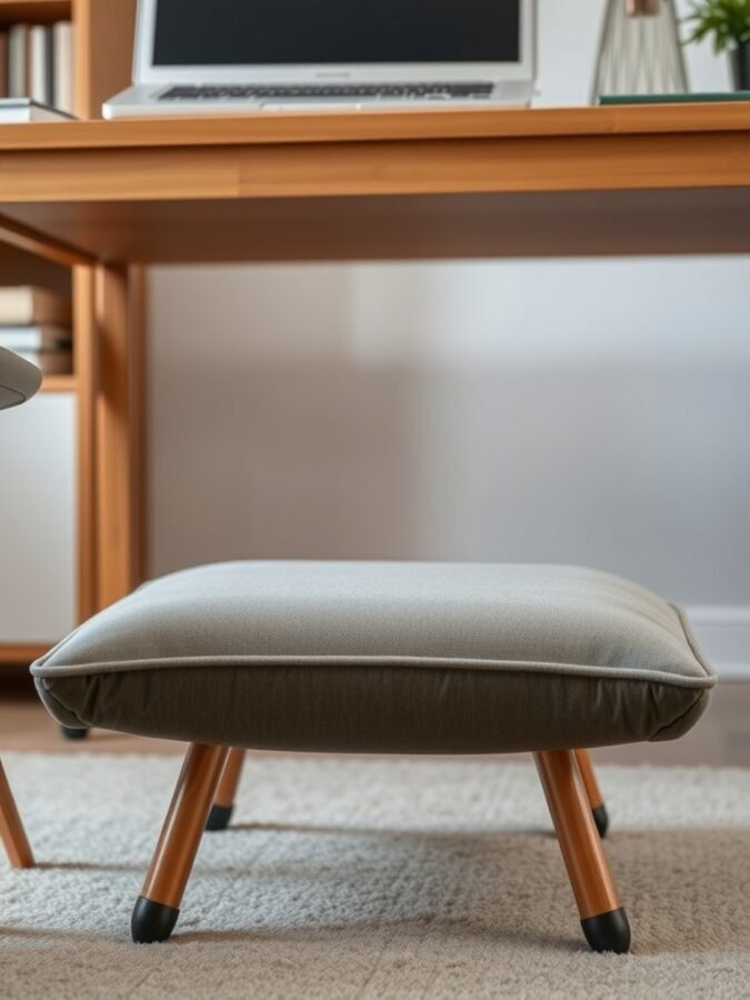 A comfortable footrest with a soft cushion and wooden legs, placed under a desk in a home office setting.