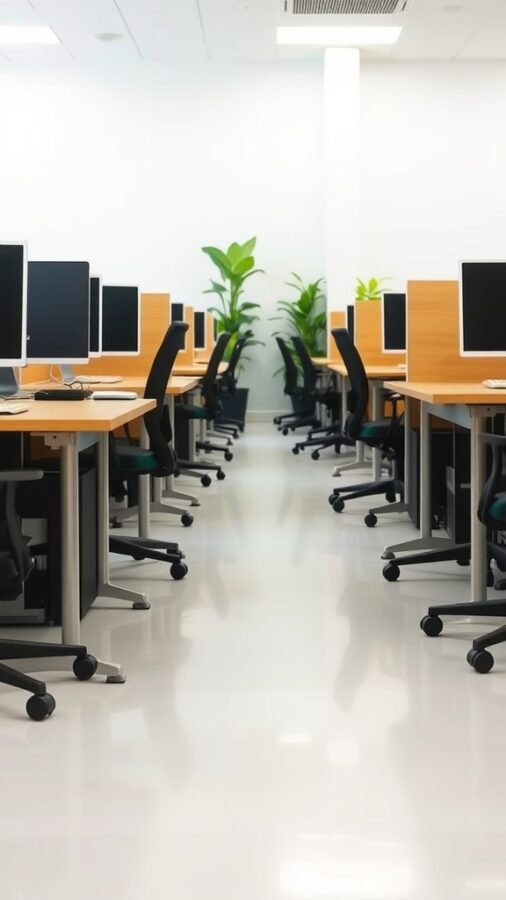 23 Creative Home Office Ideas for Shared Workspaces 19 A modern shared office space with multiple desks, computers, and plants.