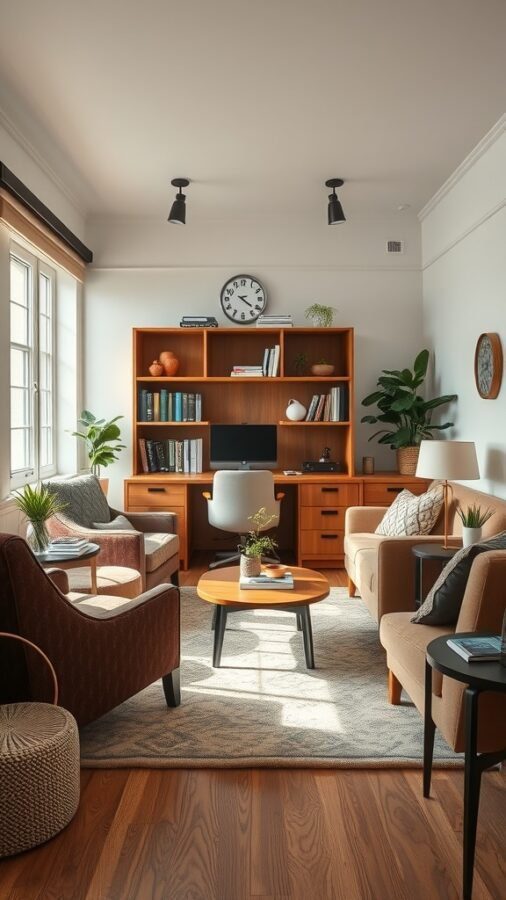 23 Creative Home Office Ideas for Shared Workspaces 5 A cozy lounge area in a home office with comfortable seating, a coffee table, and a bookshelf.