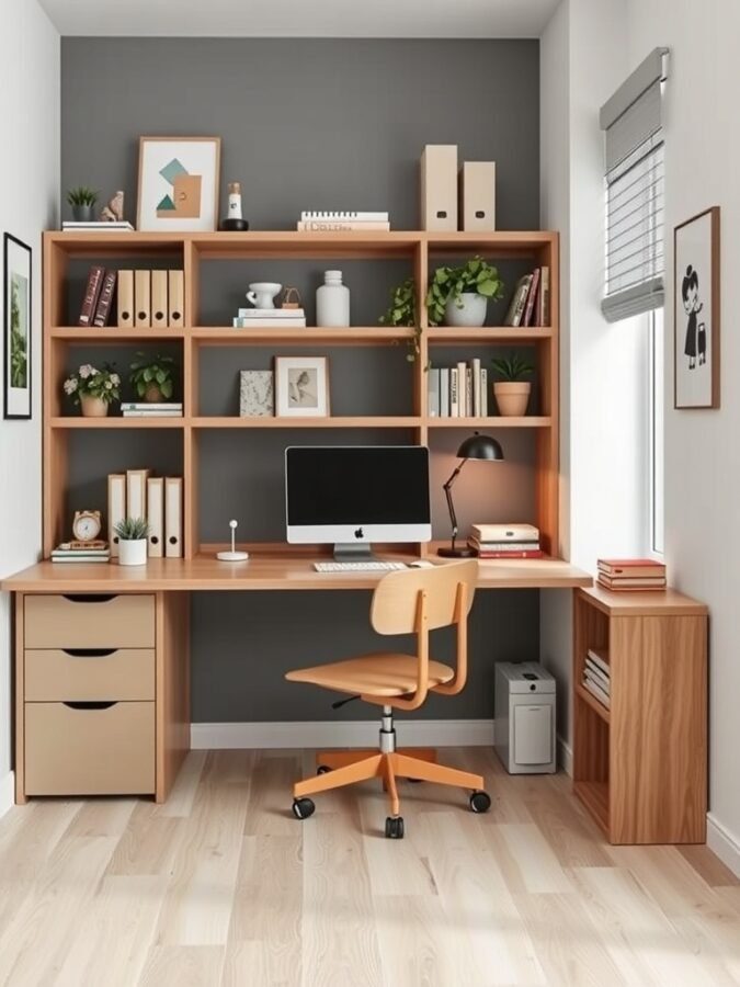 A compact home office with a wooden desk, shelving, and a comfortable chair, showcasing an organized and inviting workspace.