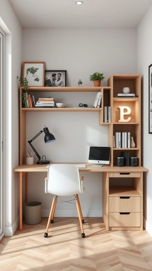 A compact home office featuring a wooden desk, white chair, and shelves with books and plants.