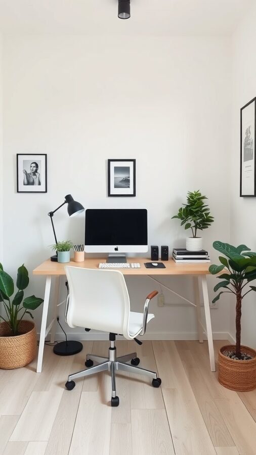 A minimalist compact workstation featuring a desk with a computer, lamp, and plants.