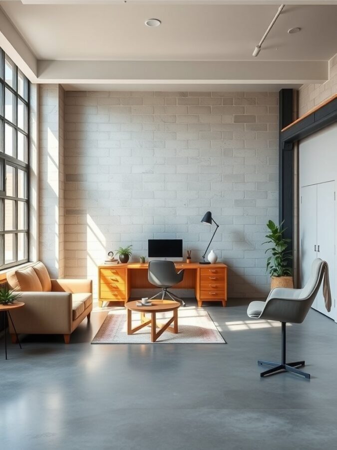 A modern home office featuring concrete flooring, large windows, and stylish furniture.