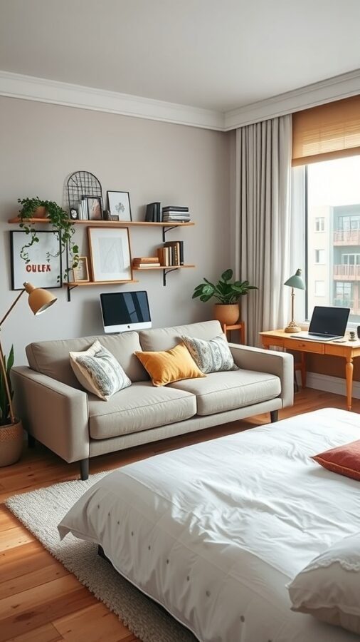 A cozy home office with a convertible sofa bed, featuring warm cushions and a workspace.
