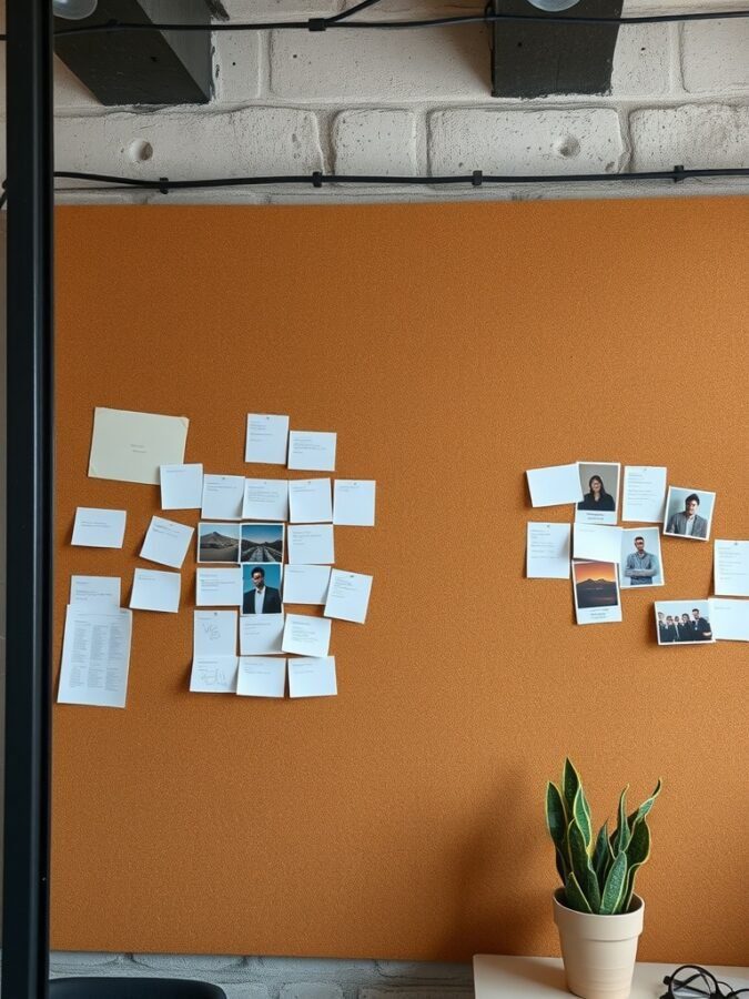A corkboard wall in an office with notes and photos pinned on it, featuring a green plant in a pot.