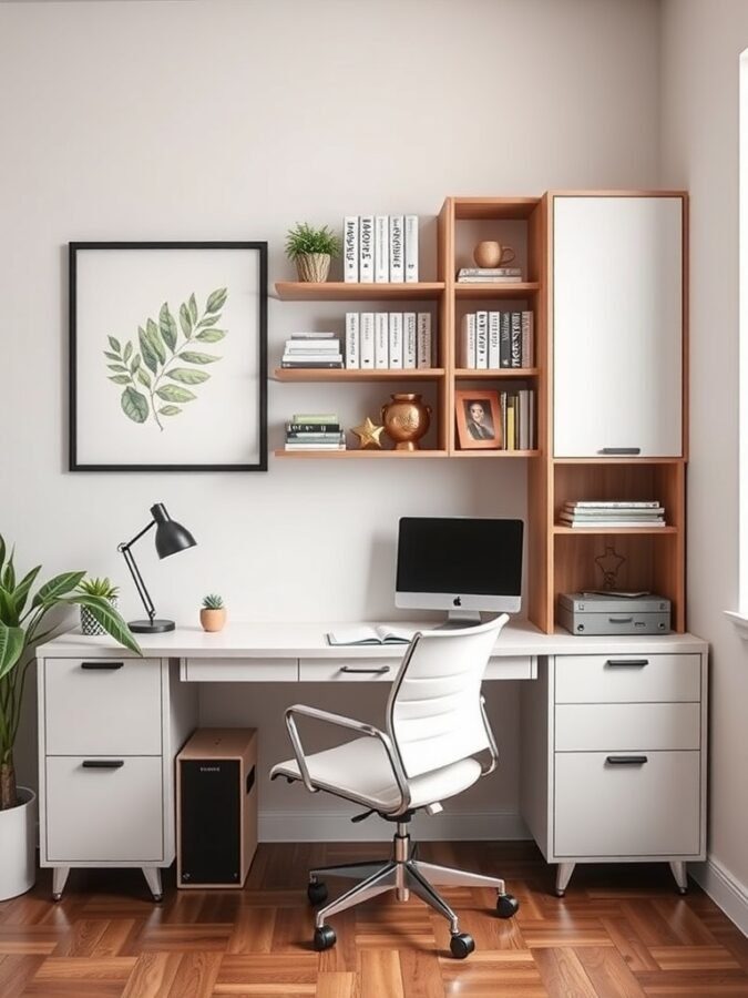 25 Smart Storage Solutions for a Stylish Home Office 10 A modern corner desk with shelves, a computer, and decorative items in a home office setting.