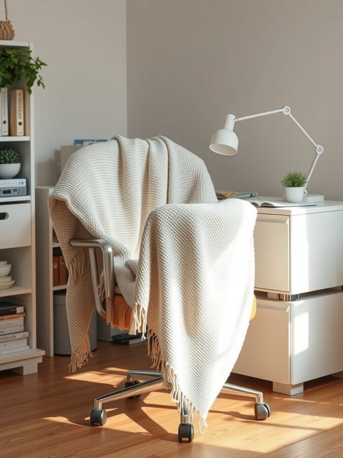 A cozy blanket draped over a chair in a well-lit home office setting.